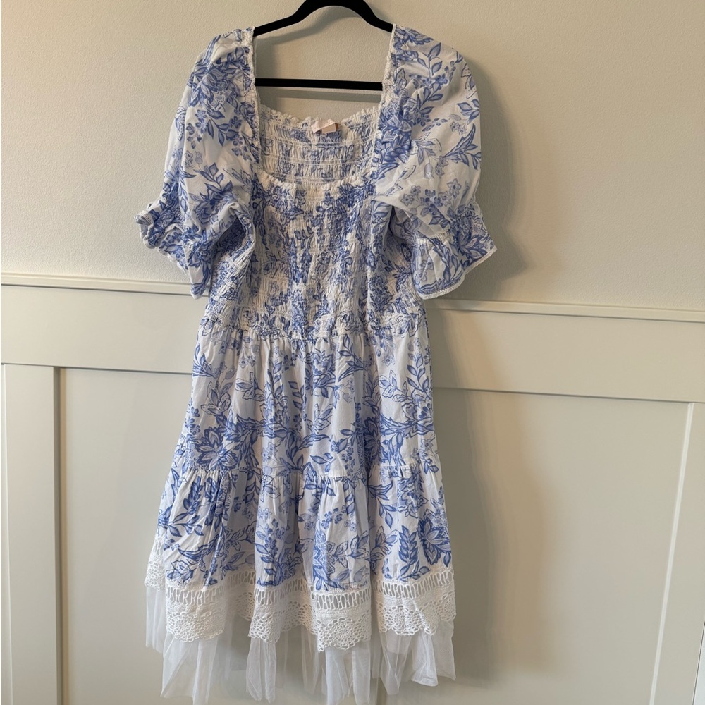 Rachel Parcell Blue and White Puff Sleeve knee length Dress